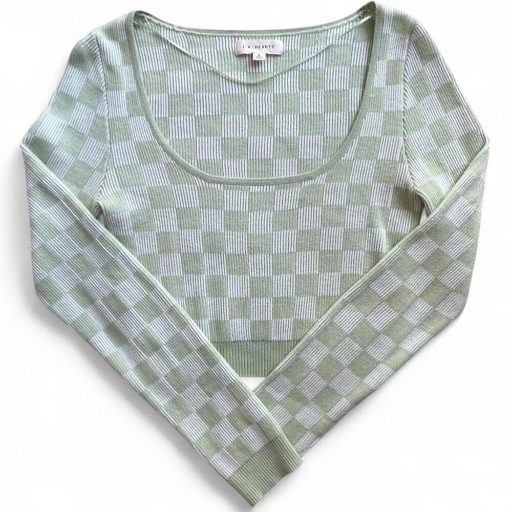 Sage Green Gingham Ribbed Crop Top Long Sleeve Scoop Women’s Small